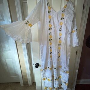 Vintage White and Yellow Floral Embroidered and Lace Bell Sleeve Maxi Dress XL